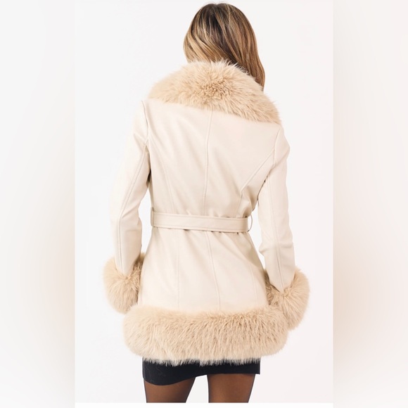 New Size Large Faux Leather Long Coat with Faux Fur Removable Trim, light beige - Picture 14 of 16